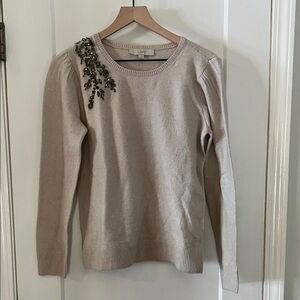 LOFT Taupe Embellished Crew Neck Sweater